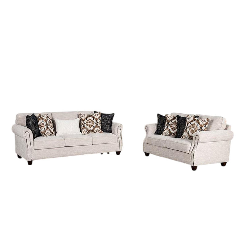 Serra 2pc Sofa and Loveseat Set, 9 Accent Pillows, Greige Polyester - Benzara