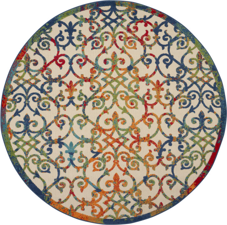 HomeRoots 8' Ivory Blue Orange And Green Round Trellis Indoor Outdoor Area Rug