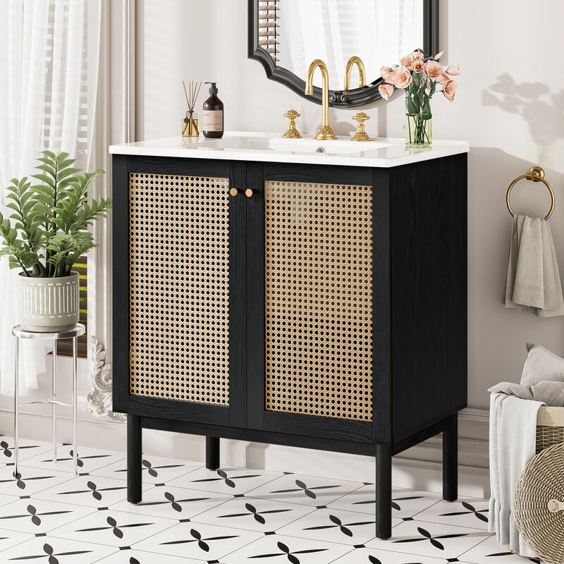 ELEMENT ACE Space-Saving Natural Bamboo Vanity with Handwoven Rattan Doors image number 3