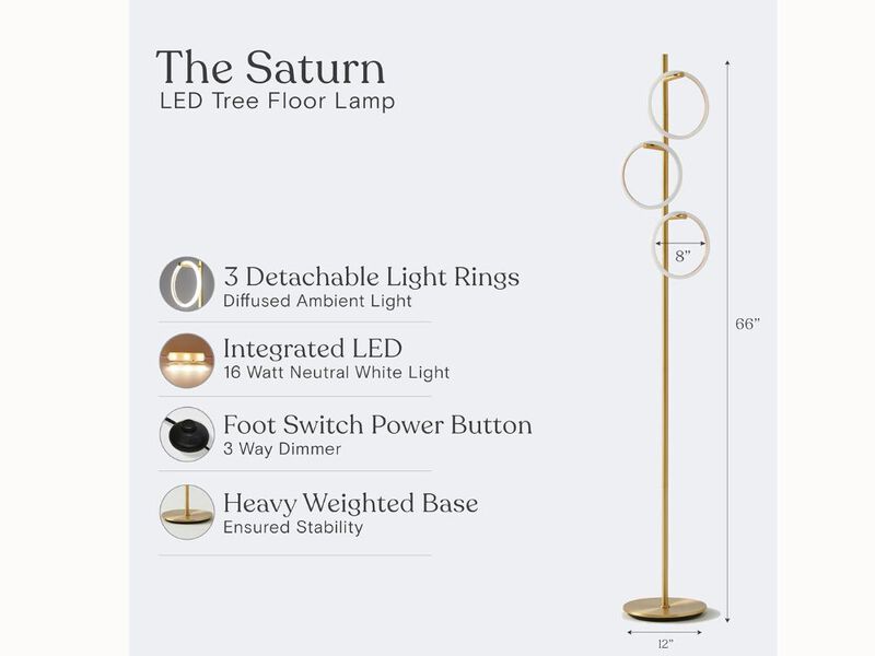 Saturn Tree Floor Lamp – 66" Tall, Gold Finish, 3 LED Rings, Contemporary Style