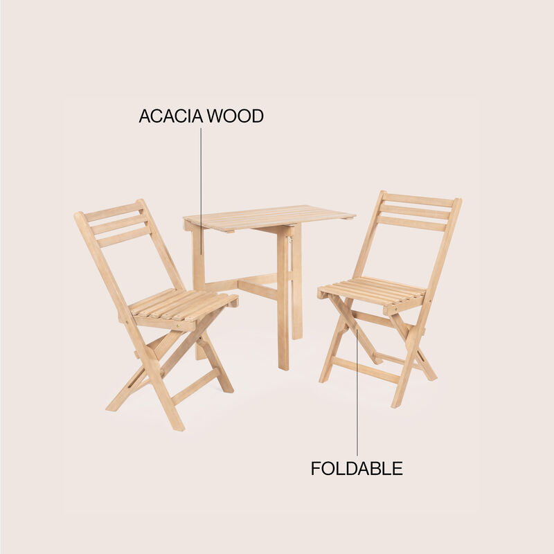 Nerja Modern Traditional 3-Piece Acacia Wood Half-Rectangular Outdoor Folding Bistro Set, Light Teak