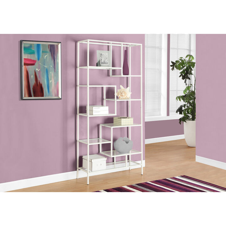 Monarch Specialties I 7159 Bookshelf, Bookcase, Etagere, 72"H, Office, Bedroom, Metal, Tempered Glass, White, Clear, Contemporary, Modern