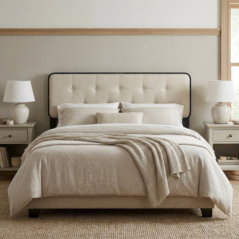 Tufted Fabric Queen Headboard with Wood Frame and Classic Design image number 3