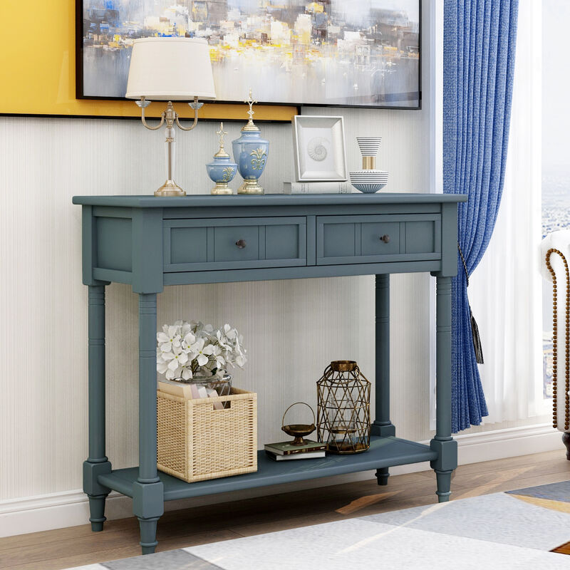 Whisen Rustic Console Table Traditional Design with Two Drawers and Bottom Shelf - Ivory White