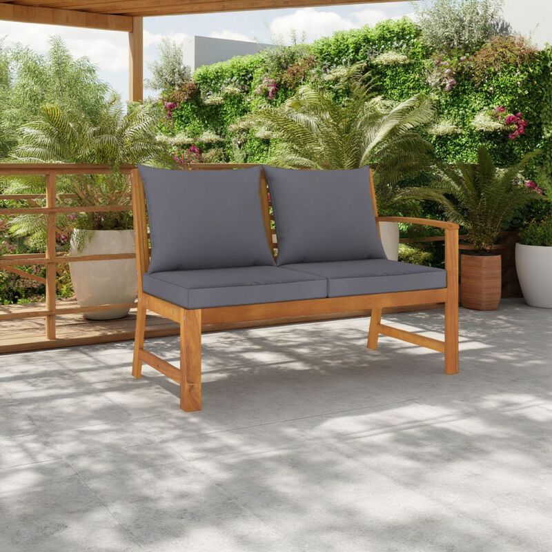 Outdoor Bench, Gray Fabric Cushions, Slatted Brown Solid Acacia Wood - Benzara