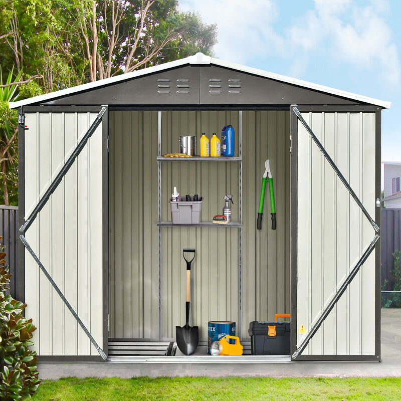 Patio 8ft x6ft Bike Shed Garden Shed, Metal Storage Shed with Adjustable Shelf and Lockable Doors, Tool Cabinet with Vents and Foundation Frame for Backyard, Lawn, Garden, Gray image number 2