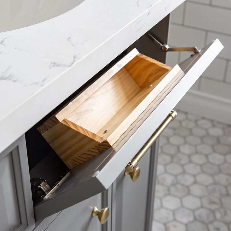 Palace 60 In. Double Sink Carrara Quartz Countertop Bath Vanity in Cashmere Grey with Satin Gold Hardware