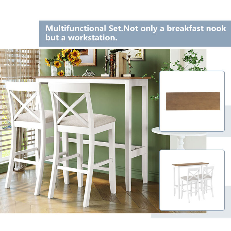 Merax Rectangular Wood Bar Height Dining Set Kitchen Breakfast Nook with 2 Chairs for Small Places