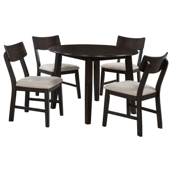 Caty 5pc Round Dining Table Set with 4 Chairs, 2 Drop Leaves, Brown