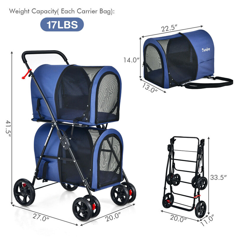 Costway 4-in-1 Double Pet Stroller w/ Detachable Carrier Travel Carriage for Cats Blue