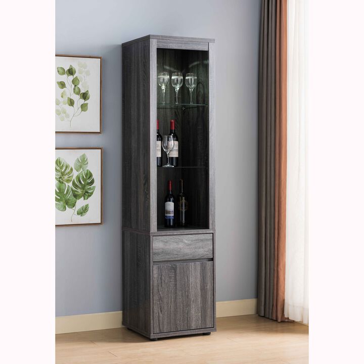 Distressed Grey LED Light Fixture Curio with 2 Glass Shelves, Drawer and Storage Cabinet