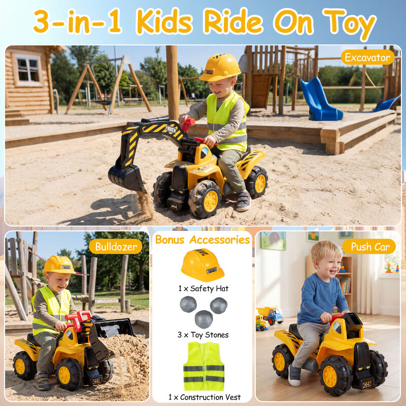 3-in-1 Kids Ride-On Excavator Bulldozer with Engine Sound and Helmet image number 6