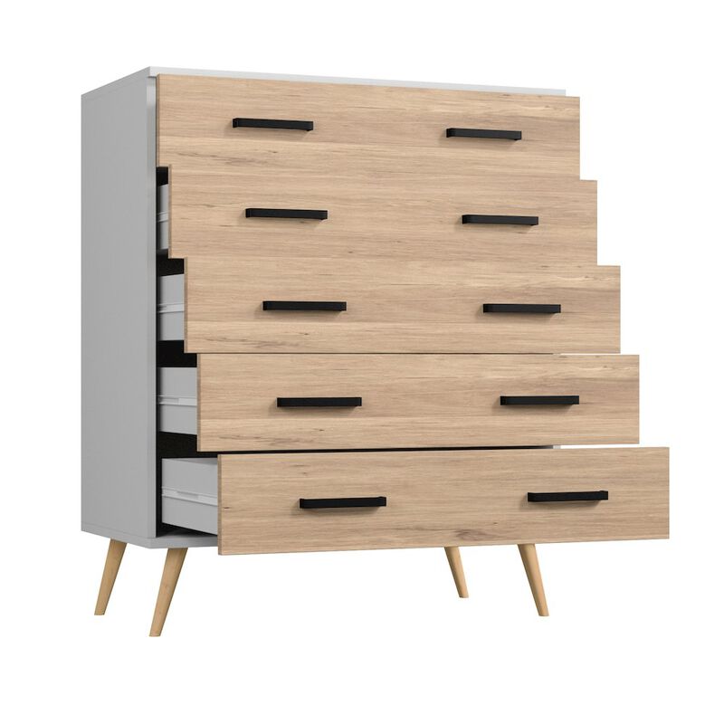 Eli Mid-Century Modern 5 Drawer Chest in Dark Gray & Natural Oak Color