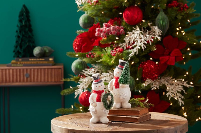 Set of 2 Glittered Snowman Figurines for Holiday Tabletop or Shelf Display