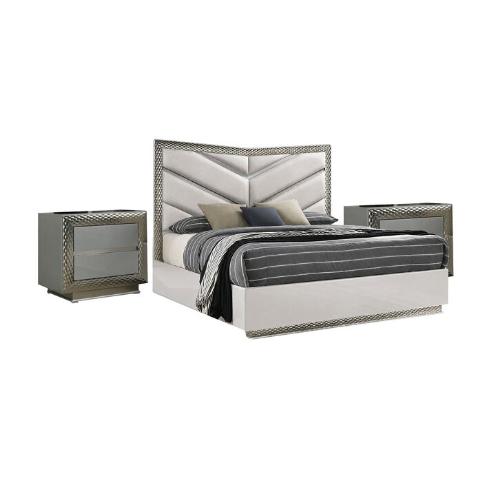 3pc King Bedroom Set, Gray, Silver Wood, 2 Nightstands