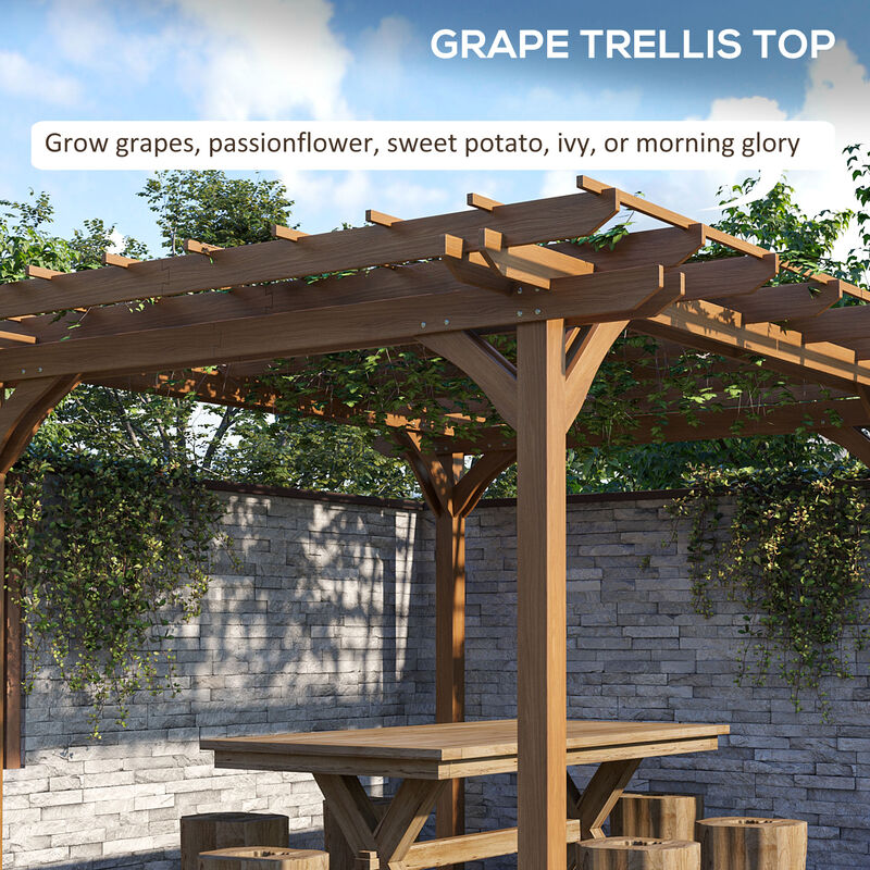 Outsunny 12' x 10' Outdoor Pergola, Wood Gazebo Grape Trellis with Stable Structure for Climbing Plant Support, Garden, Patio, Backyard, Deck, Brown