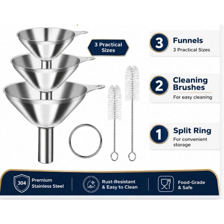 Stainless Steel Kitchen Funnel Set with Cleaning Brushes