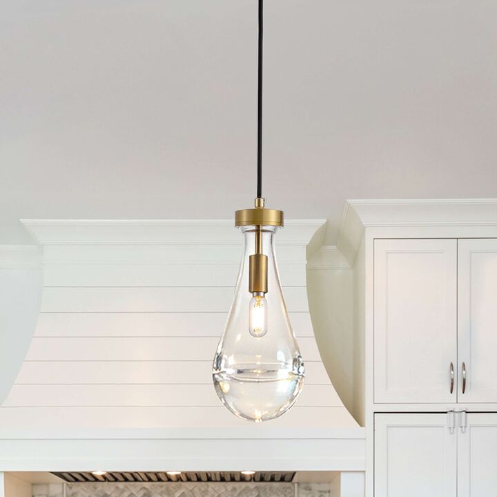Adoncia 1 Light 5" Brushed Shiny Brass Clear Raindrop Glass Shade Pendant Chandelier