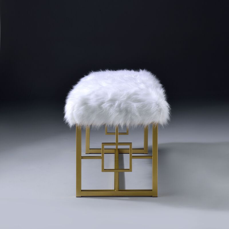 Modern Style Faux Fur Upholstered Bench with Geometrical Side Panels, White and Gold-Benzara