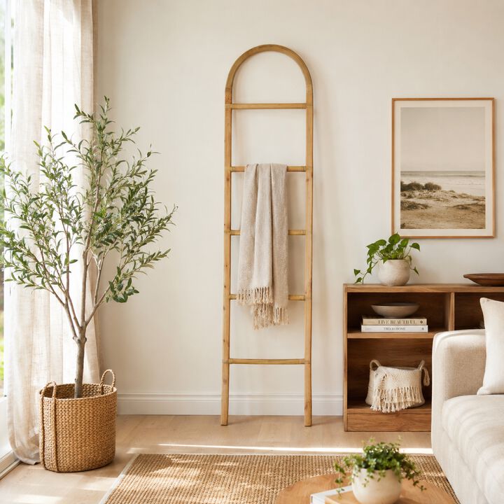 Kinu Decorative Ladder Rack with Arch Top, Natural Brown Wood, 72 Inch