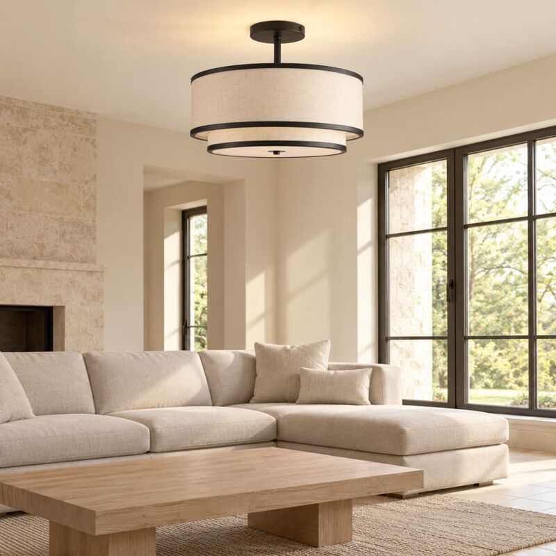 ELEMENT ACE 15 inch Modern Flush-Mount Ceiling Light Fixture with Fabric Shade and Gold Trim for Living Room, Bedroom, Dining Room image number 3