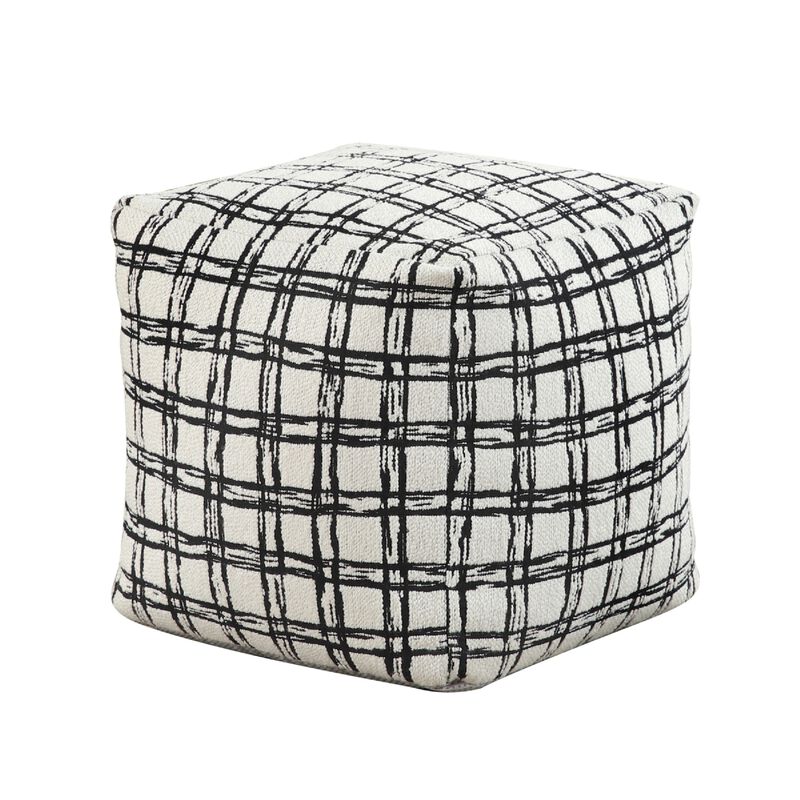 Modern Pouf Ottoman, White Black Checkered Jacquard, 16 Inch Square