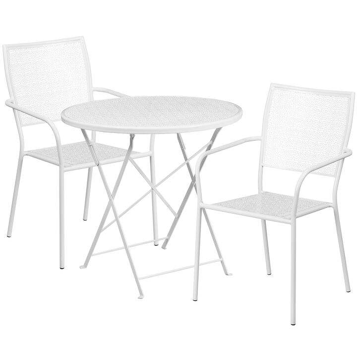Flash Furniture Commercial Grade 30" Round Light Gray Indoor-Outdoor Steel Folding Patio Table Set with 2 Square Back Chairs