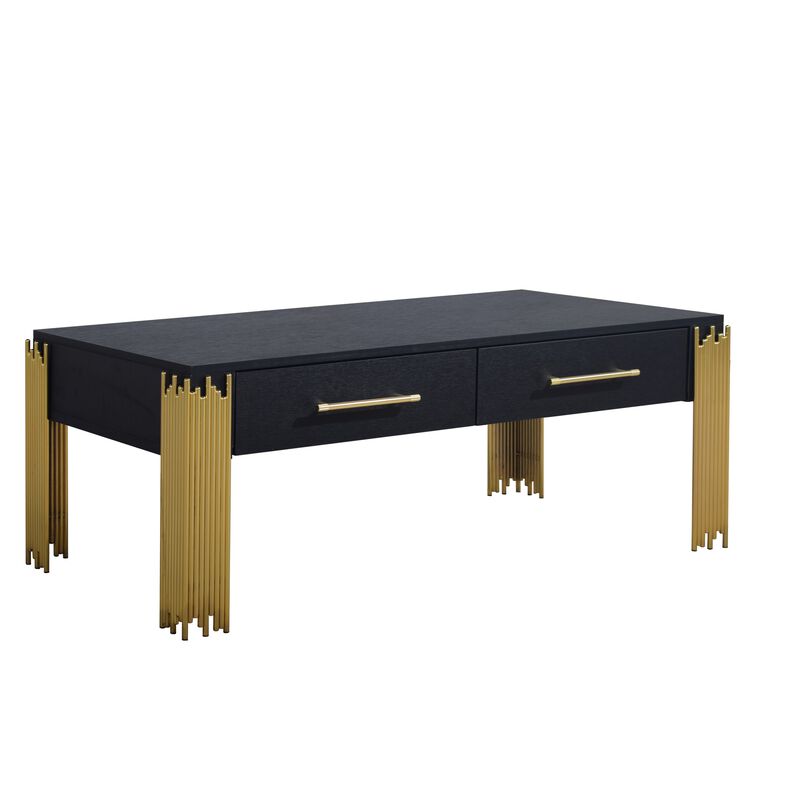 Theo Coffee Table, 2 Drawers, Gold Metal, Retro Black Wood 48 Inch