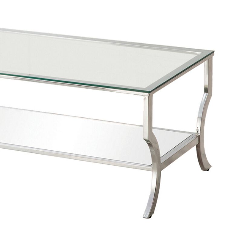 Glass Top Coffee Table with Metal Frame and Mirror Shelf, Chrome