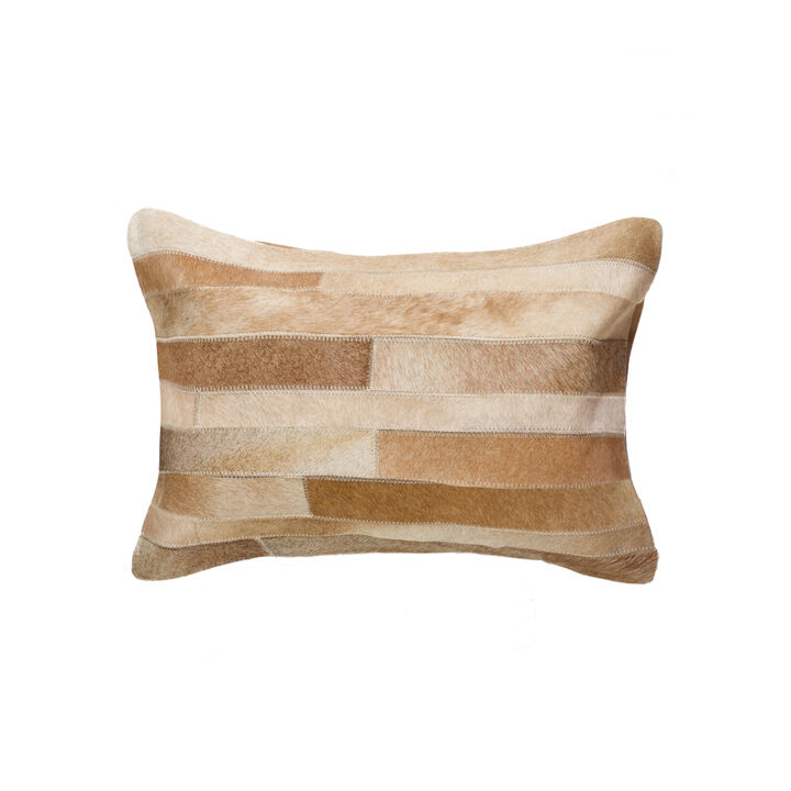 HomeRoots 12" X 20" Tan Lumbar Patchwork Cowhide Throw Pillow