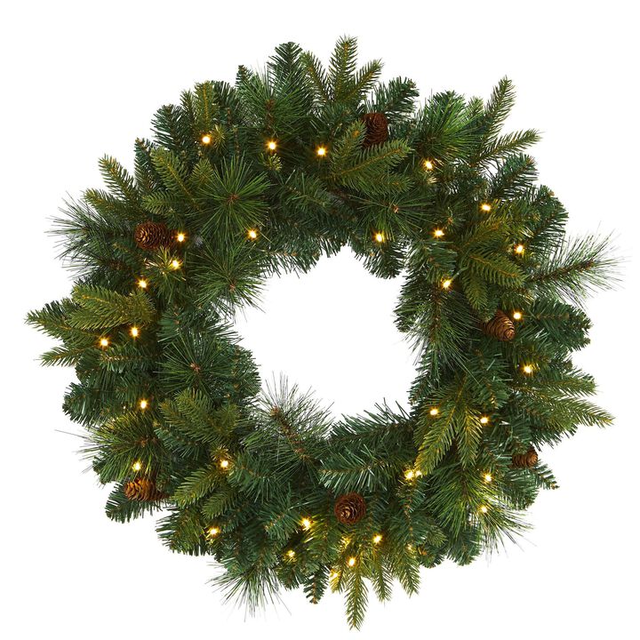 Nearly Natural 24-in Mixed Pine Artificial Christmas Wreath with 35 Clear LED Lights and Pinecones