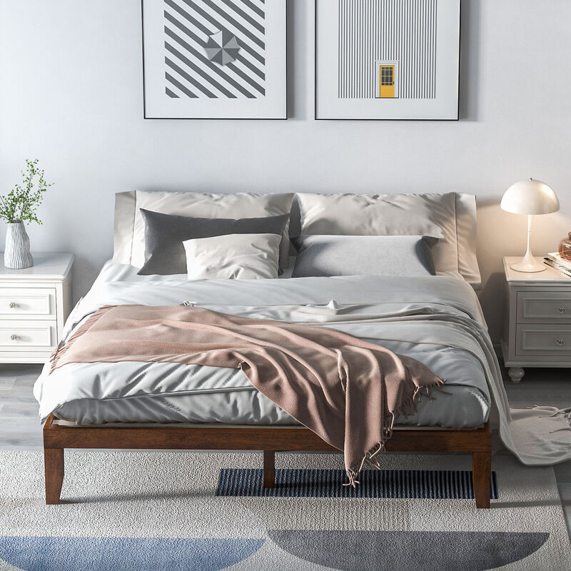 Rubber Wood Slatted Platform Bed Frame &ndash; Durable Bed Base with Wood Slat Support