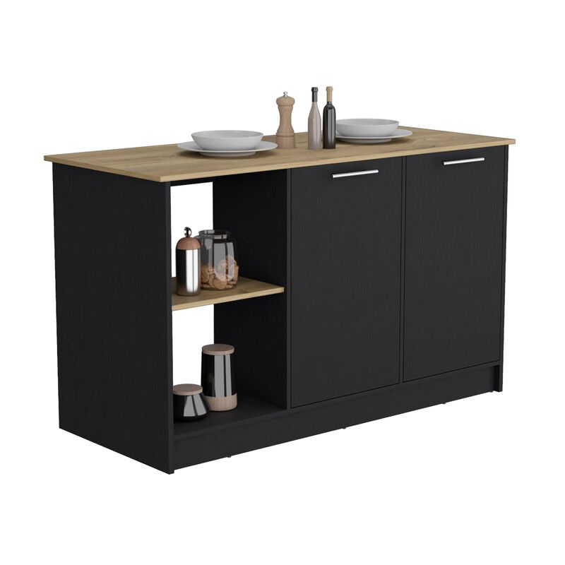 DEPOT E-SHOP Coral Kitchen Island with Large Countertop, Open Storage Shelves and Double Door Cabinet