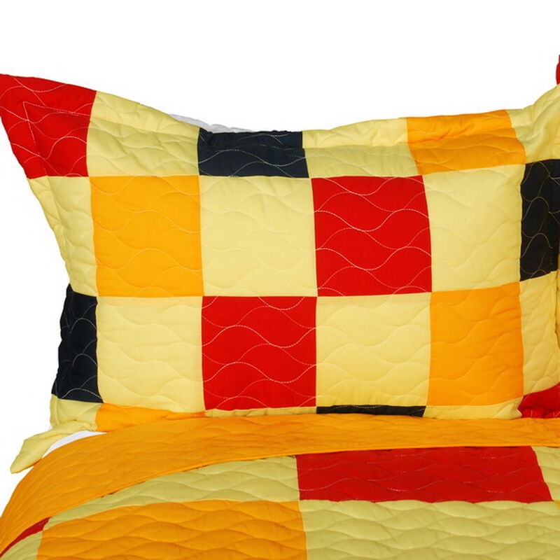 Queen Patchwork Quilt Set with Hand-Stitched Pattern and Reversible Style-Yellow image number 2