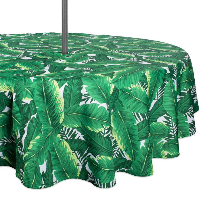 52" Green and White Banana Leaf Outdoor Round Tablecloth with Zipper