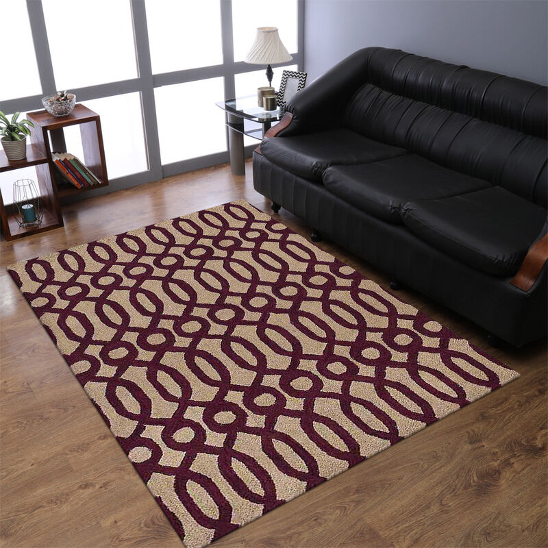 RUGSOTIC CARPETS HAND TUFTED WOOL ECO-FRIENDLY AREA RUGS  - 4'x6', Rectangle Shape, Cream & Purple, Contemporary Modern Design, High Pile Handmade Area Rugs for Living Room, Bed Room (K00734)