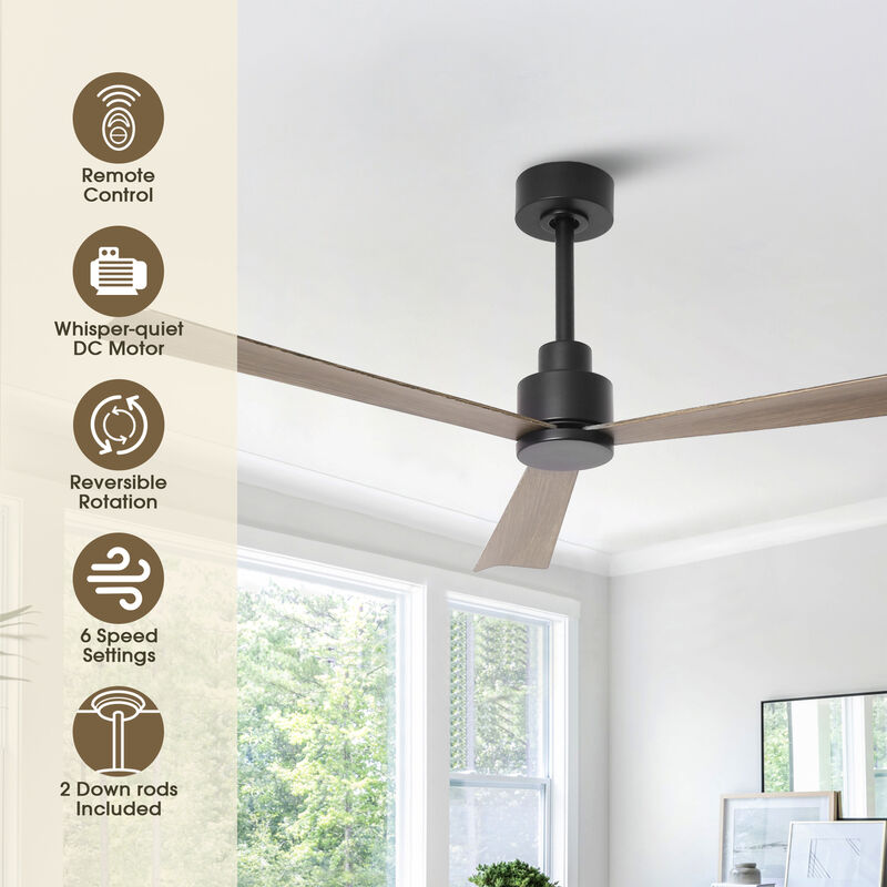 52" Modern 3-Blade Ceiling Fan with Reversible DC Motor, 6-Speed, Remote Control, No Light