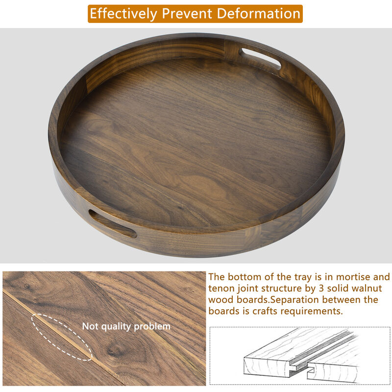 Round Black Walnut Wood Serving Tray Ottoman Tray with Handles image number 3