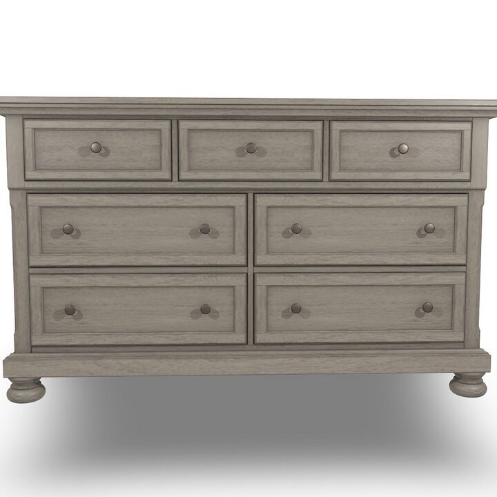 Ryno Wide Dresser, 7 Drawers, Pull Out Tray, Silver Round Knobs, Gray - Benzara