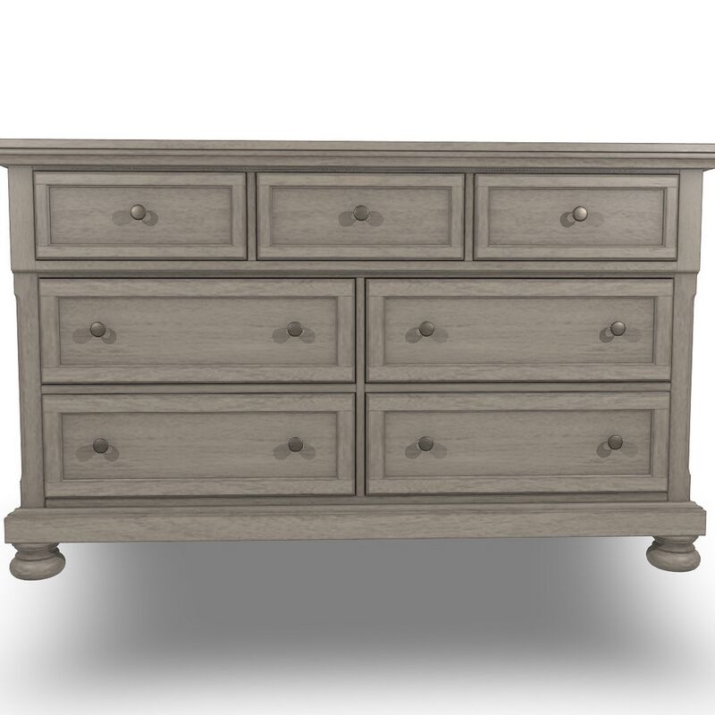 Ryno Wide Dresser, 7 Drawers, Pull Out Tray, Silver Round Knobs, Gray - Benzara
