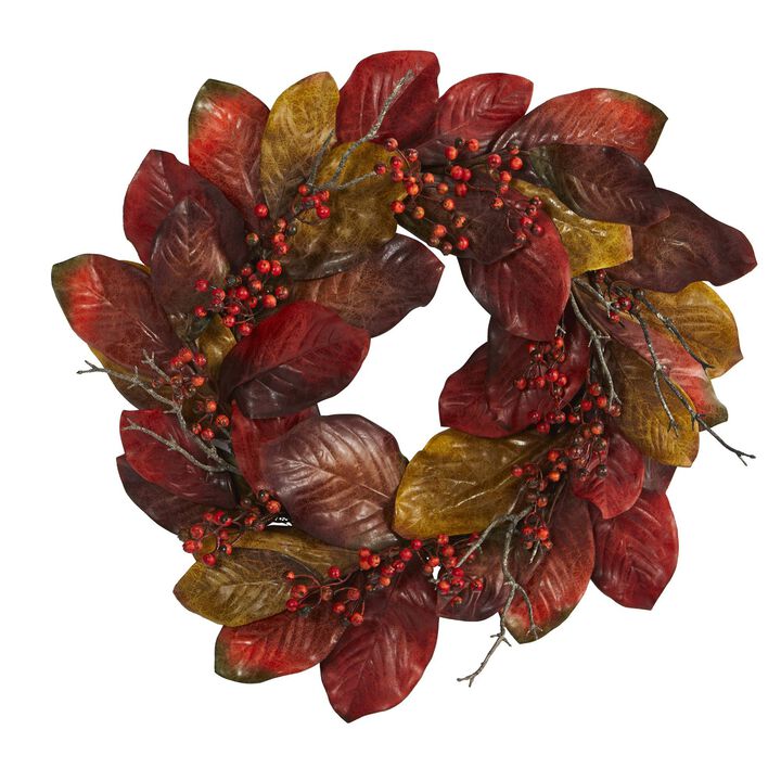 Nearly Natural 24-in Harvest Magnolia Leaf and Berries Artificial Wreath