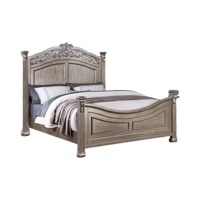Aza Traditional Wood Queen Size Bed, Leaf Carvings, Champagne Gold Finish - Benzara