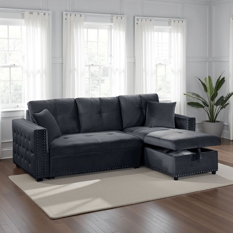 Ero Convertible Sectional Sofa, Storage Chaise, 2 Pillows Black Velvet - Benzara