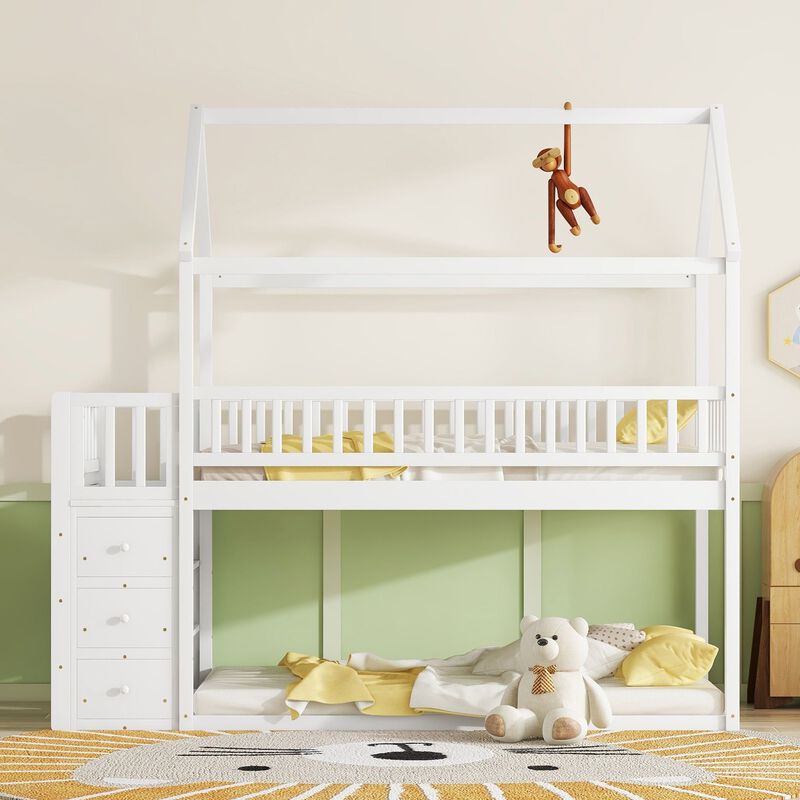 Whisen Twin Over Twin House-shaped Bunk Bed with Shelves, Drawers and Fence Guardrails