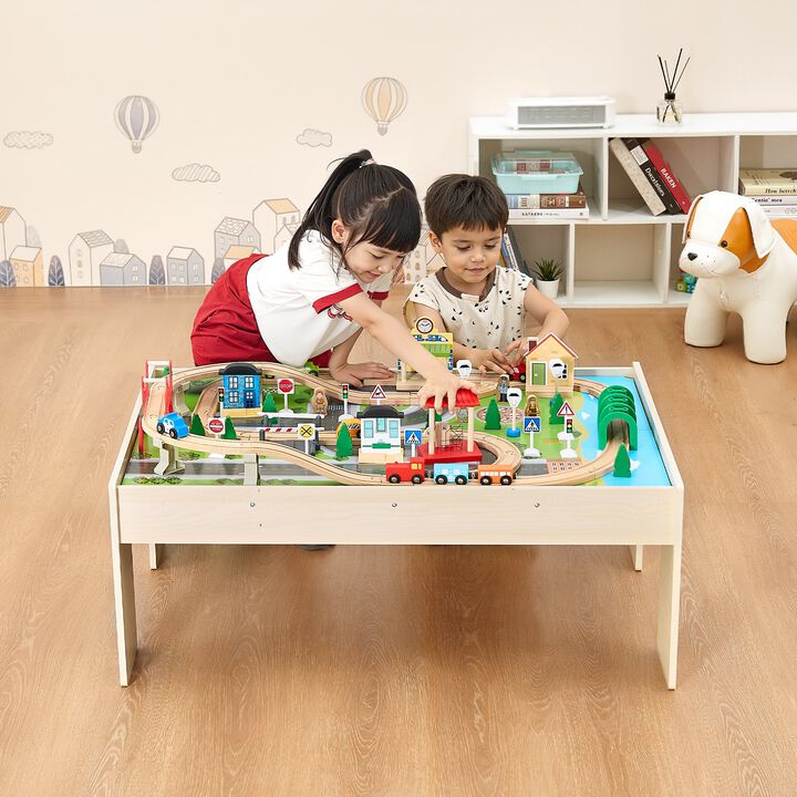 Kids Train Table Set, 84PCS Wooden Activity Table with Storage Bin, 3-in-1 Playset