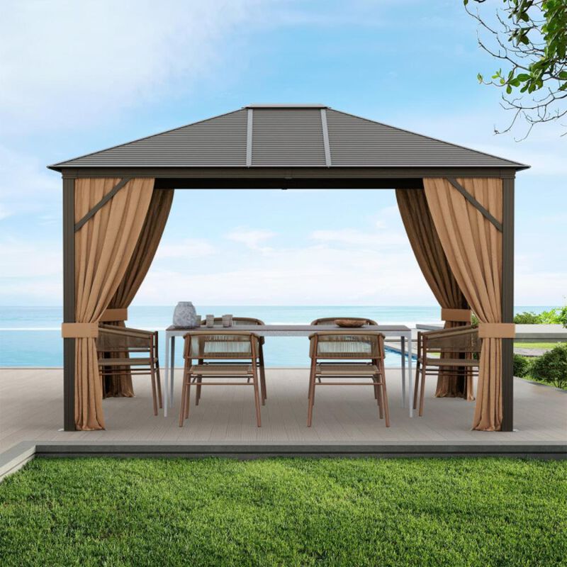 Hivvago 12 x10 Feet Outdoor Hardtop Gazebo with Galvanized Steel Top and Netting-Brown