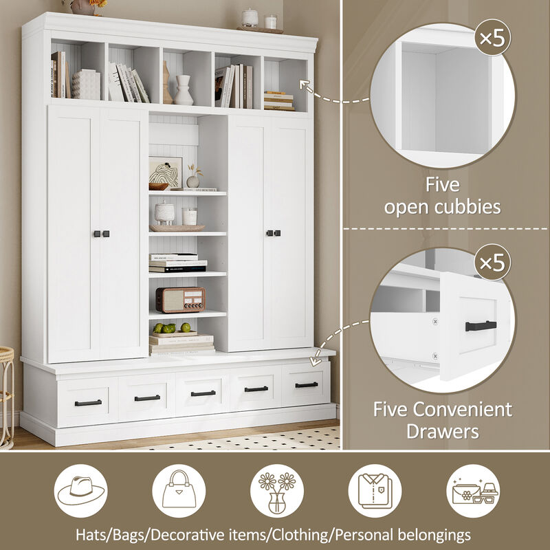 Merax Modern Hall Tree with Bench 5 Storage Cubbies Adjustable Shelves  Organizer Cabinet