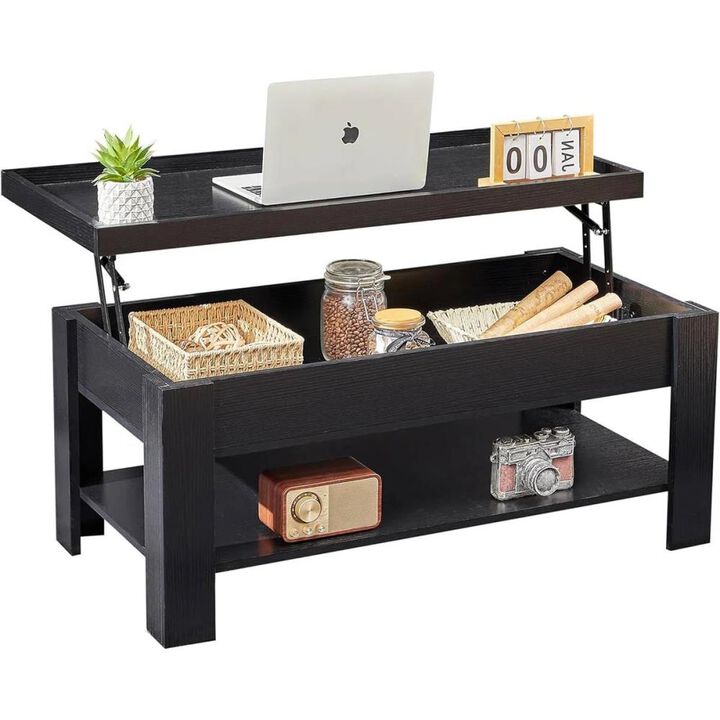 Hivvago Modern Lift Top Coffee Table Laptop Tray with Storage Shelf in Black Wood Finish