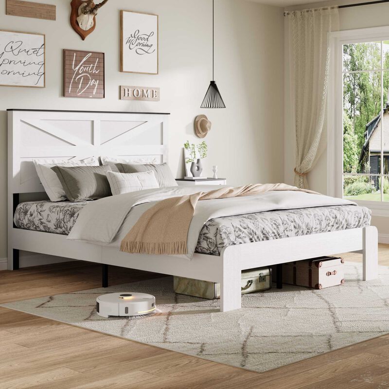 Wood and Metal Industrial Platform Bed with Geometric Paneled Headboard image number 2