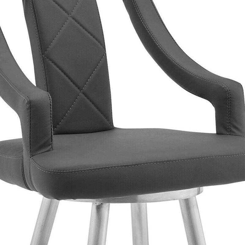 HomeRoots 25" Gray and Silver Faux Leather and Iron Counter Height Swivel Bar Chair image number 2